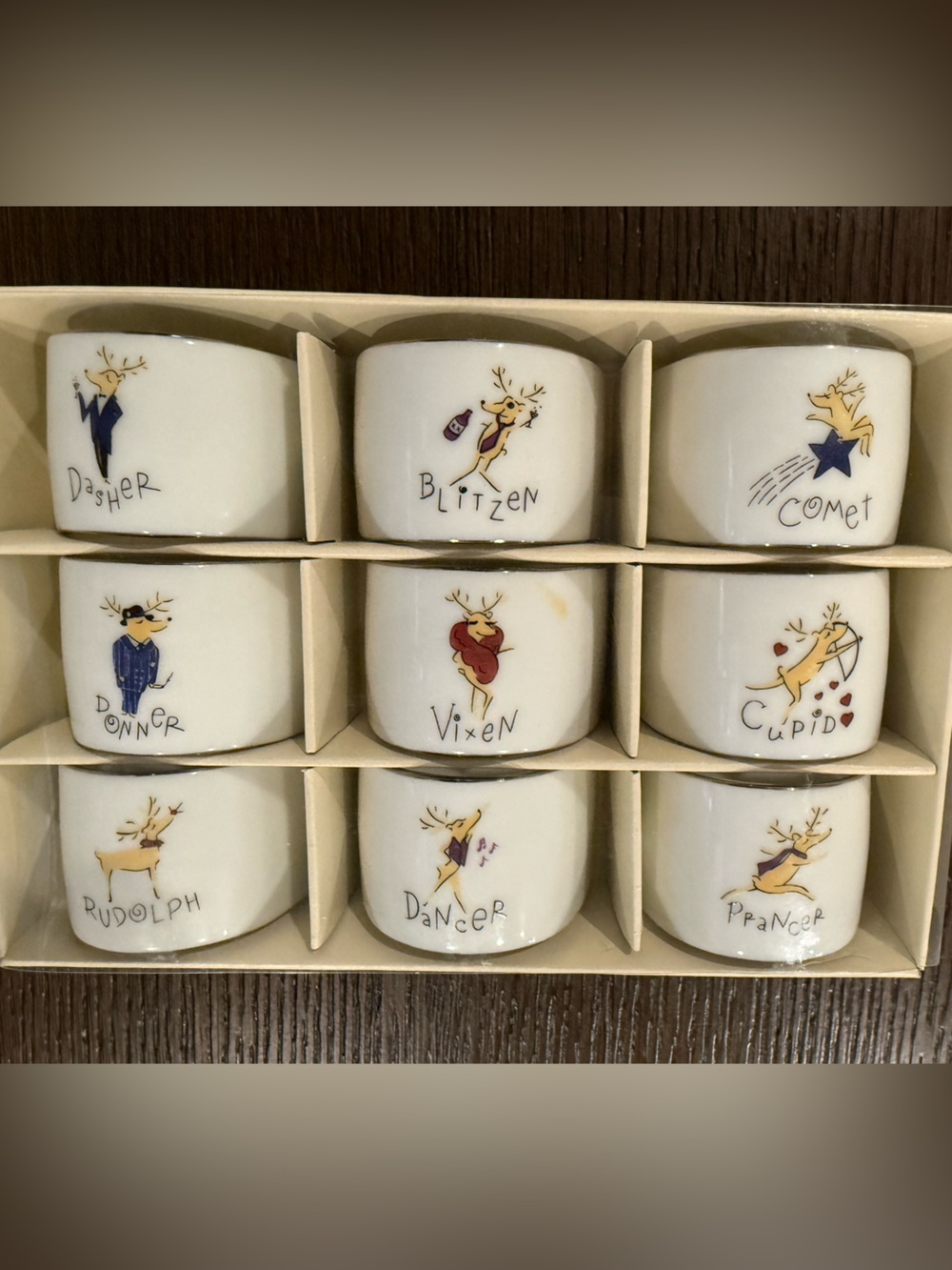 Pottery Barn 2003 Santa’s Reindeer Napkin Rings Set of 9 Complete Rudolph Japan